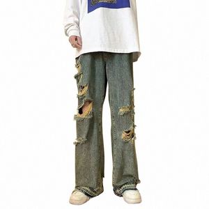 2022 High Street Ripped Hole Vintage Hommes Baggy Grunge Jeans Pantalons Streetwear Hip Hop Droite Femmes Denim Pantalon Ropa Hombre H3B4 #