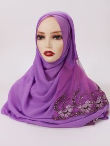 2022 Hijab mousseline de soie écharpe avec fleurs dentelle Hijabs femmes musulmanes foulard dames couvre-chef Pashmina Hijab musulman mode Islam