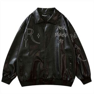 2022 Hip Hop Leather Jacket Oversized Streetwear Letter Star Embroidery Baseball Jackets Harajuku Fashion Korean Bomber Coat T220728