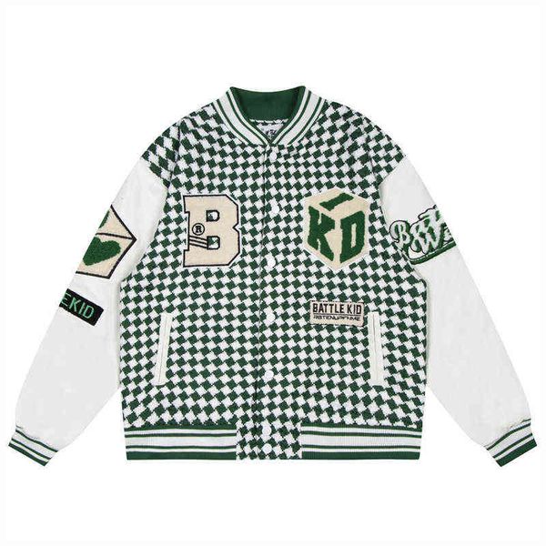 2022 ropa informal estilo Hip Hop chaqueta de béisbol letra bordado cuadrado abrigo de pata de gallo invierno Harajuku chaquetas universitarias de gran tamaño T220728