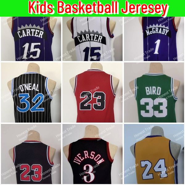 Enfants rétro James Basketball Jersey Bryant Allen Iverson 32 Shaquille Carter cousu Youth Bird Vintage Jerseys Taille S-XL # 3 33 15 8 24