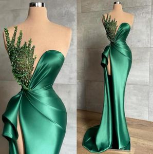 2022 Hunter Green Mermaid Robes de soirée pour femmes africaines longues sexy côté haute fente perles brillantes sans manches formelle fête illusion robes de soirée sxm18