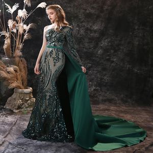 2022 Hunter Green Mermaid Robes de soirée pour femmes africaines longues sexy côté haute fente perles brillantes à manches longues fête formelle Illusio223V