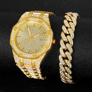 2022 Iced Out reloj pulsera para mujer reloj para hombre nuevo oro grande cadena cubana conjunto de joyería de Hip Hop Rhintone reloj de oro hombres MiamiS298