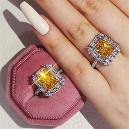 2022 Ins Top Vente Anneaux De Mariage De Luxe Bijoux En Argent Sterling 925 Princesse Coupe Jaune Topaze CZ Diamant Pierres Précieuses Éternité Femmes Bague De Fiançailles Pour L'amour Cadeau