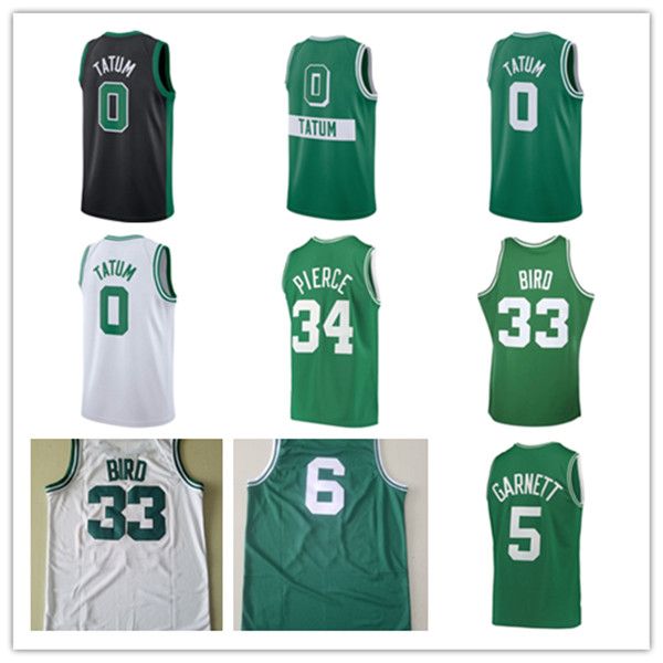 2022 Jerseys Baloncesto Jayson Tatum 0 Bird 33 Kevin Garnett 5 Paul Pierce 34 Jersey Verde Blanco Negro Ciudad 75 Hombres Jersey cosido S-XXL Orden de mezcla y combinación