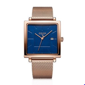 2022 Julius Nieuwe roestvrijstalen mesh -band Women's Business Watch Square Stijlvol Quartz Polshorge 30m Waterdichte horloges