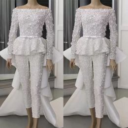 2022 Jumpsuit Avondjurken Lange mouwen met afneembare trein Bateau Neck Beaded 3D Floral Applique Custom Made Tulle Sweep Trein Prom Partyjurk Vestidos CG001