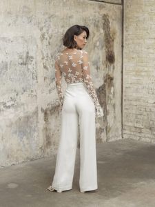 2022 Jumpsuits Strand Trouwjurken Bruidsjurken Sexy Illusion Top Kant Lange Mouwen Bruid Receptie Jurk Schede Boho Vrouwen Pant241P