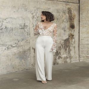 2022 Jumpsuits Strand Trouwjurken Bruidsjurken Sexy Illusion Top Kant Lange Mouwen Bruid Receptie Jurk Schede Boho Vrouwen Pant282a