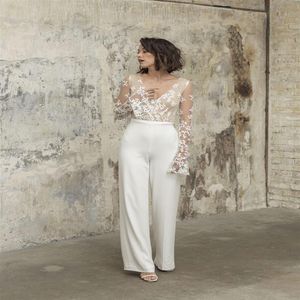 2022 Jumpsuits Strand Trouwjurken Bruidsjurken Sexy Illusion Top Kant Lange Mouwen Bruid Receptie Jurk Schede Boho Vrouwen Pant281z