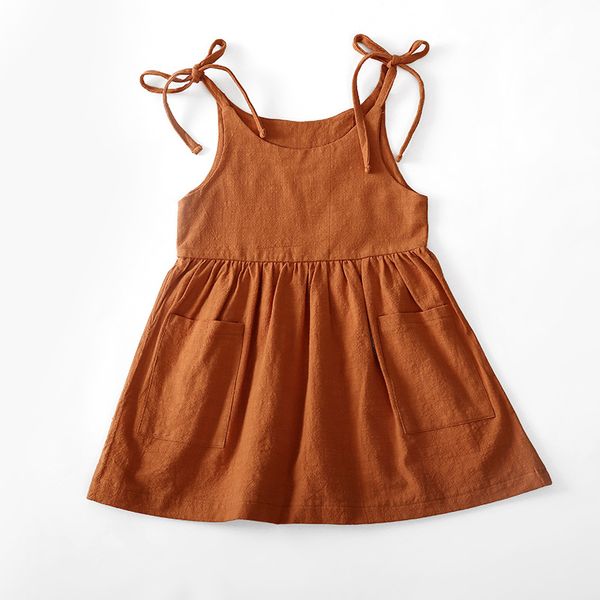 Robe d'été en coton pour filles, vêtements à bretelles sans manches, couleur unie, avec poche, robes de soirée princesse pour enfants, 2022