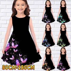 2022 Kids Little Girls Mouwess Dress Girls Jurk 3D Butterfly Print Daily Casual Cute Sweet over knie feestjurk 70-180 cm Y220819