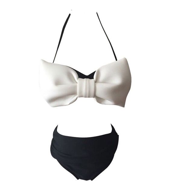 Nueva moda coreana sexy para mujer, bloque de color blanco y negro, retazos de lazo grande 3D divididos, 2 piezas, bikini con aros, traje de baño SMLXL