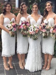 2022 Lace bruidsmeisje jurken Shede Tea Lengte Spaghetti -riemen op maat gemaakte plus size maid of honor jurk