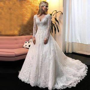 2022 Kant Dubai Lange mouwen Trouwjurk V-hals Applicaties Bruids Bruidsjurken Elegante Robe de Mariee Vestiods Custom Made