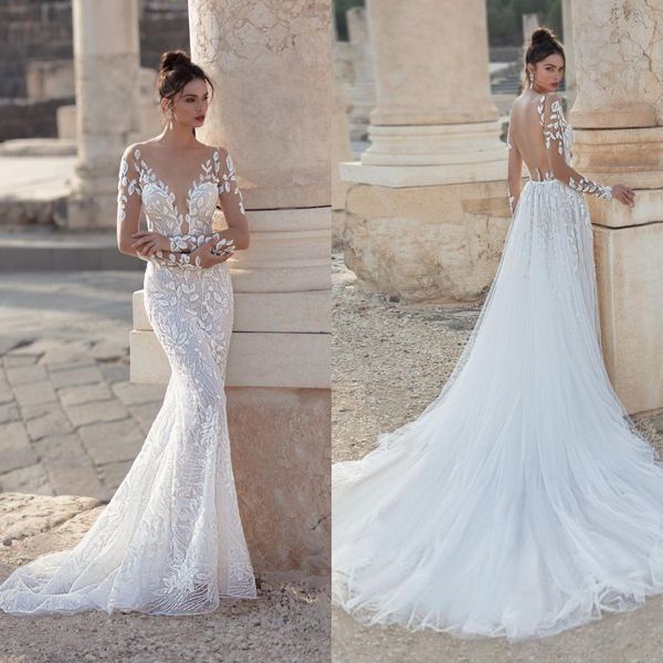 2022 Sobrefaldas de encaje Vestidos de novia Sexy Escote en V profundo Apliques Sirena Mangas largas Vestidos de novia de campo Vestidos De Novia