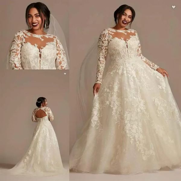 2022 Vestidos de novia de encaje Sheer O-cuello Ilusión Manga larga Tallas grandes Apliques Floral Vestido hinchado Princesa Vestido de novia Puramente hecho a mano