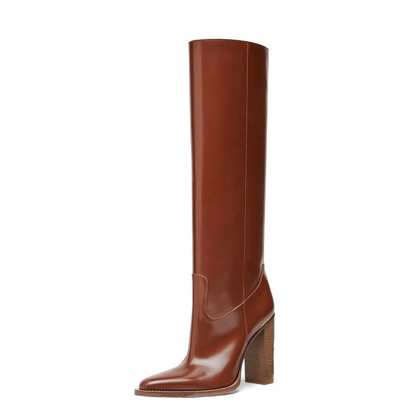 2022 Lady Leather Martin Boots Square Chunky Tacones de madera Knight Plisado Patrón de cordón Mujeres Botines hasta la rodilla Pillage Toes Long Rodilla Zapatos de boda Tamaño 34-43