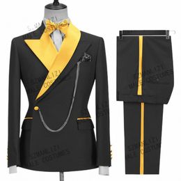2022 Dernières Manteau Pantalon Designs Noir Hommes Costumes À Double Boutonnage Pour Le Mariage Or Revers Slim Fit Groom Tuxedos 2 Pièces Costumes De Fête h9Bs #