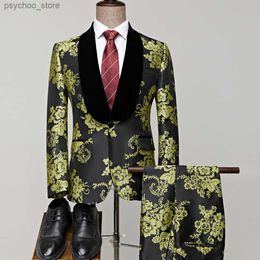 Costume de mariage pour hommes, manteau et pantalon, coupe cintrée, vert, jaune, Jacquard, châle à revers, Tuxedos de marié, Q230828, 2022