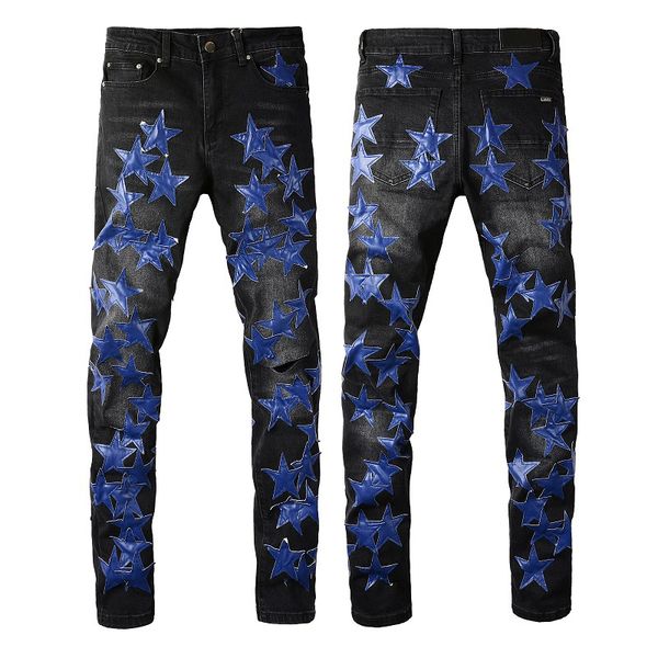 2022 Último listado Jeans ajustados para hombre Verde Azul Estrella Patrón Etiqueta Estampado floral Pantalones de mezclilla Bordado Hombres Diseñador de moda Hip Hop Naranja Tamaño 28-40