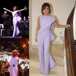 2022 Lavendel Jumpsuit Dames Prom Avondjurk Arabische Juweel Hals Plus Size Party Jurken Formele Party Wear Sheath Ruffled Celebrity Towns