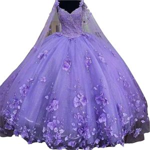 2022 Lavender Quinceanera Robes Fleurs Perles Crystal Wraps Floral Applic Sweetheart Sweet 16 Robes Robes Robes Princesse 286T