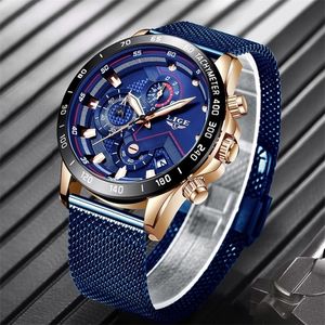 2022 LIGE Blue Casual Mesh Belt Fashion Quartz Gold Watch Mens Watchs Top Brand Luxury Tamesproof Clock Relogie Masculino 220225 268F