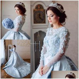 2022 Robe de mariée bleu clair robe de mariée mariée 3D floral bijou cou perlé dentelle appliques manches longues sur mesure plus taille robes de novia 401 401