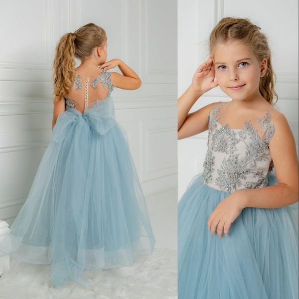 2022 Light Blue Flower Girls Vestidos para bodas Encantados de encaje de tul Tul