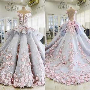 2022 bleu clair luxe Puffy Quinceanera robe de bal robes 3D fleurs dentelle appliques mancherons Peplum doux 16 étage longueur Part160z