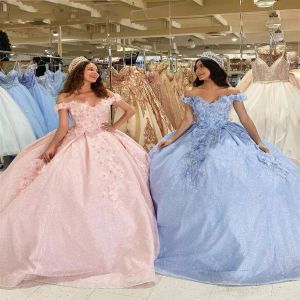 2022 azul claro rosa vestidos de quinceañera vestidos de baile de graduación para dulces 16 niñas apliques florales 3D flores fuera del hombro Formal