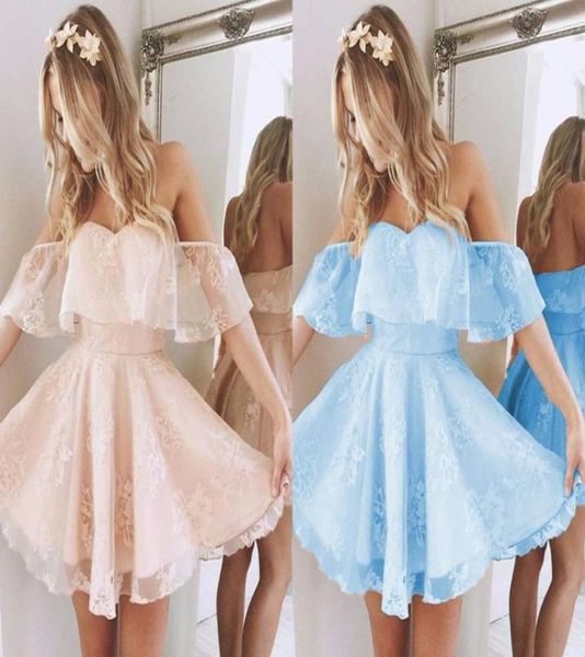 2022 Light Coral Homecoming Party Vestido Barato fuera del hombro Mangas azules Baby Blue A Line Prom Graduation Vests New8816304