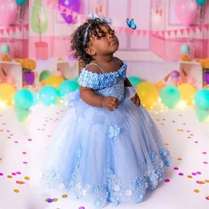 2022 Lumière Bleu Ciel Dentelle Robes De Fille De Fleur Pour Le Mariage 3D Appliqued Perles Robe De Bal Toddler Pageant Robes Tulle Étage Longueur Ki3145