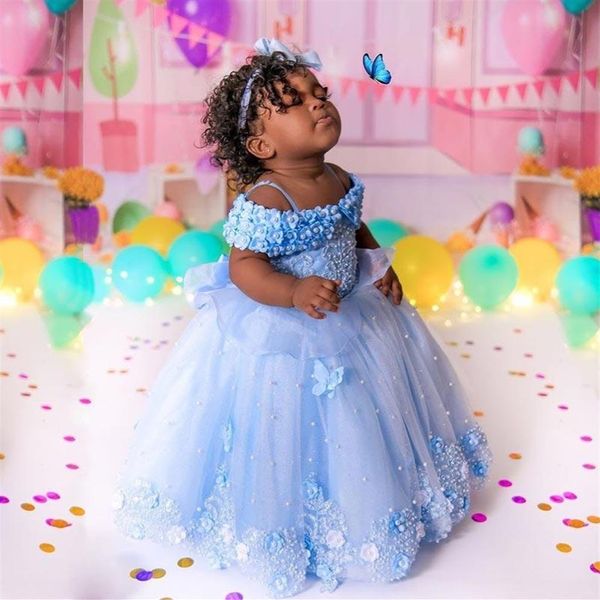 2022 Lumière Bleu Ciel Dentelle Robes De Fille De Fleur Pour Le Mariage 3D Appliqued Perles Robe De Bal Toddler Pageant Robes Tulle Étage Longueur Ki3145