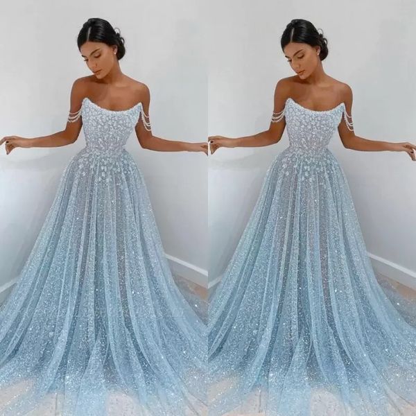 2022 Lumière Bleu Ciel Paillettes Robes De Soirée Sexy Spaghetti Strap Dos Nu Sheer Tulle Blingbling Paillettes Longue Occasion Formelle Robes De Bal