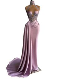 2022 Lila Sexy Sirena Vestidos de baile Cuello alto Ilusión Apliques largos de encaje Cuentas de cristal Formal Tallas grandes Vestido de noche Vestido de fiesta Vestidos de desfile
