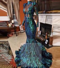 2022 Lange mouw High Neck Prom Dresses Emerald Green Lace Mermaid avondjurk 2022 formele jurken kralen Vestido Sirena Largo CG06783313