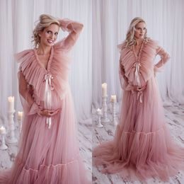 2022 Lange mouw Prom Dresses Ruche V-hals Photoshoot Jurken Sheer Tulle Maternity Jurk Custom Made Illusion Robe