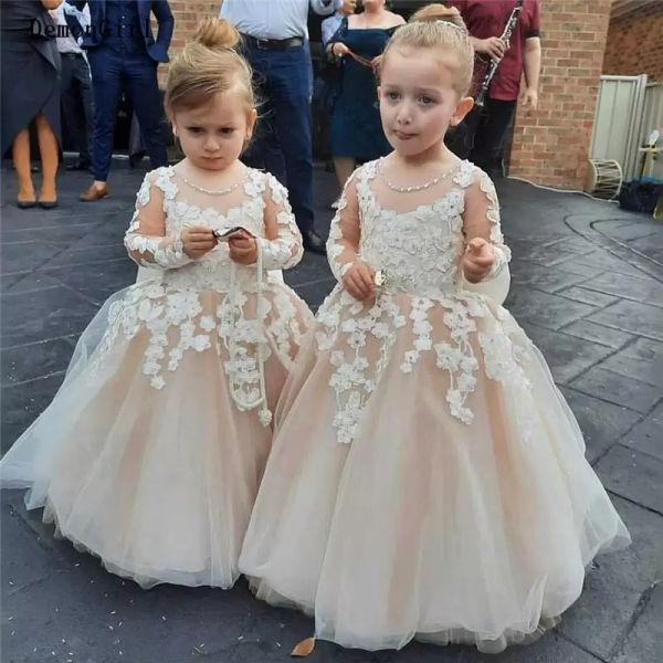 2022 Lovely Blush Pink Flower Girls Vestidos Joya Cuello Apliques de encaje Tul Cuentas de cristal Mangas largas Arco 3D Floral Longitud del piso Niños Cumpleaños Niña Vestidos de desfile