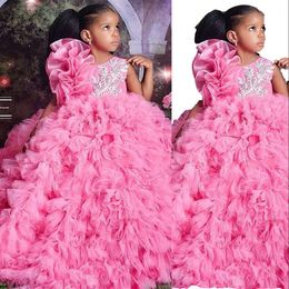 2022 Lovely Hot Pink Flower Girls Dresses Jewel Neck Lace Appliques Crystal Beads Ruffles Tulle Tiered 3D Floral Floor Length Kids Birthday Girl Pageant Gowns