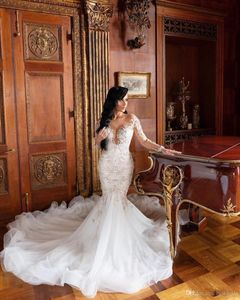 2022 Luxueux arabe sirène robes de mariée Dubaï cristaux scintillants manches longues robes de mariée tribunal train jupe en tulle robes de ma291Y