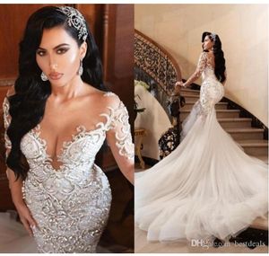 2022 Lujosos vestidos de novia de sirena árabe Dubai Cristales brillantes Mangas largas Vestidos de novia Tren de la corte Falda de tul batas de ma230i