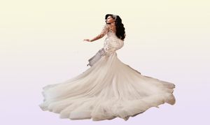 2022 Luxe Arabische zeemeermin Trouwjurken Dubai Sparkly Crystals Lange mouwen Bridal Ghows Court Train Tulle rok gewaden de MA8799225