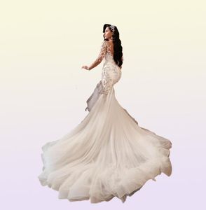 2022 Luxe Arabische zeemeermin Trouwjurken Dubai Sparkly Crystals Lange mouwen Bridal Ghows Court Train Tule rok gewaden de MA3835884