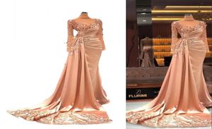 2022 Luxe blush roze sexy avondjurken dragen hoge nek illusie kristal kralen lange mouwen open back prom jurk feest PAG3043989