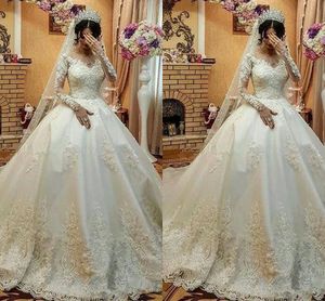 2022 Luxe Kant Trouwjurk Lange Mouwen Bateau Applique Princess Empire Taille Bridal Jurken Plus Size Bride Vestidos de Novia