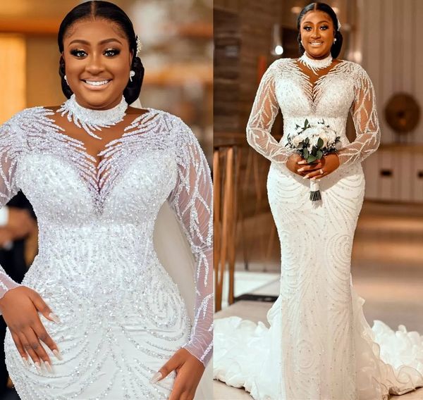 2022 luxueux grande taille arabe Aso Ebi col transparent robe de mariée sirène manches longues robes de mariée sexy robes B0716