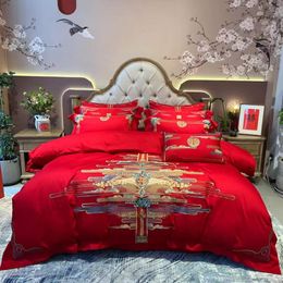 2022 Luxe 100% katoen 5 -stks China bruiloft rood beddengoed sets dekbedoverkap lakendet kussensloop vlekbed Borduur Koning Koningin Beautiful Noble Palace Royal Bed